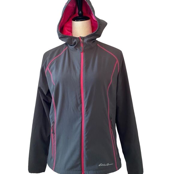 Eddie Bauer Jacket Women's Size M Gray Pink Fleece Soft Shell Full Zip Hooded - Picture 1 of 9